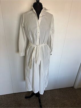 Chan Luu White Belted Midi Long Sleeve Shirt Dress Minimalist